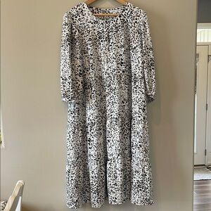 XL Leopard Print Midi Length Crew Neck Bishop Sleeve Sundress